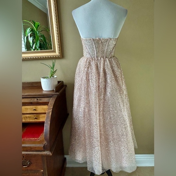 Jules & Cleo Rose Gold Strapless Sequin Corset A-Line Dress Slit Sparkle Glitter - Picture 8 of 13
